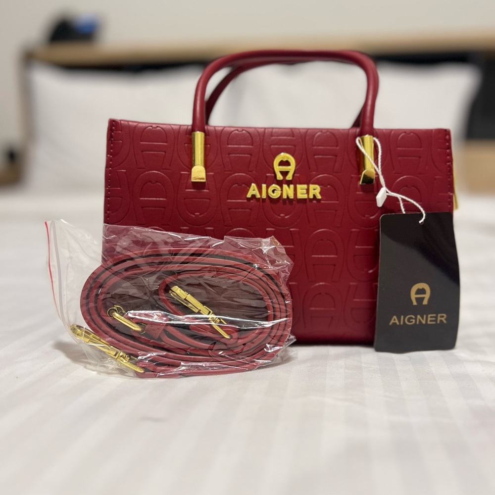 Etienne Aigner Red Satchel with Gold Accents